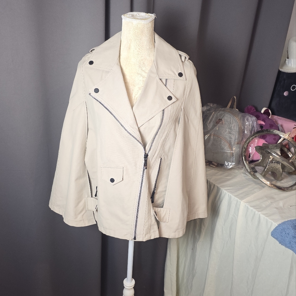 BCBGMAXAZRIA Moto Trench Coat XXS‎ Beige Zip Poncho Asymmetrical Belted Style